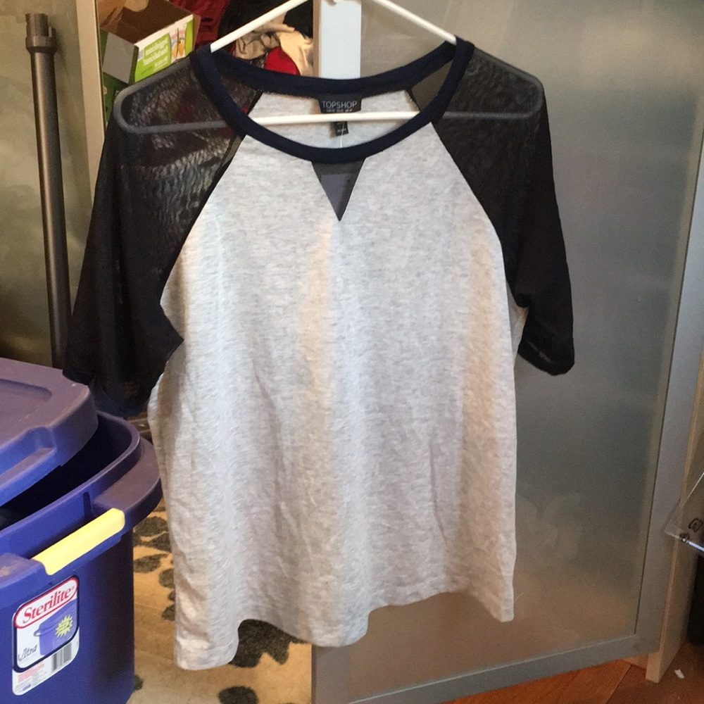 Topshop top, grey shirt with mesh sleeves